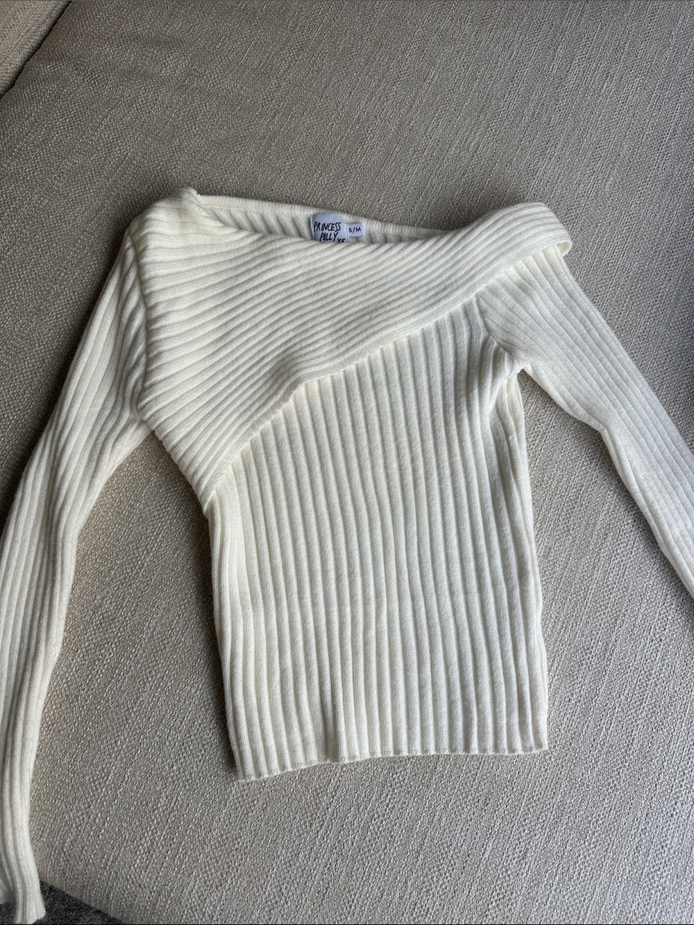 Princess Polly Off-Shoulder Cream Ribbed Sweater